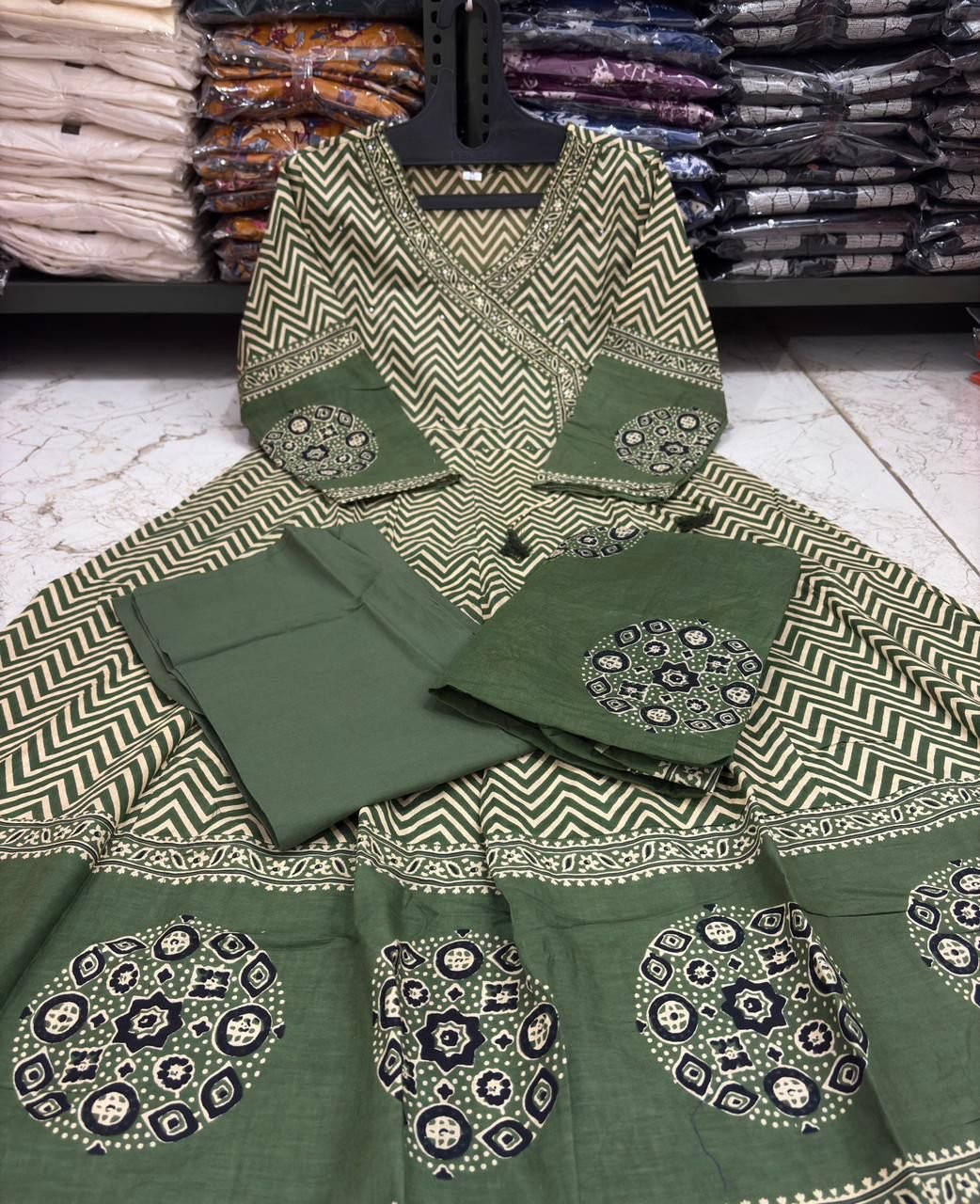 Cotton Printed Angrakha Anarkali Suit Set